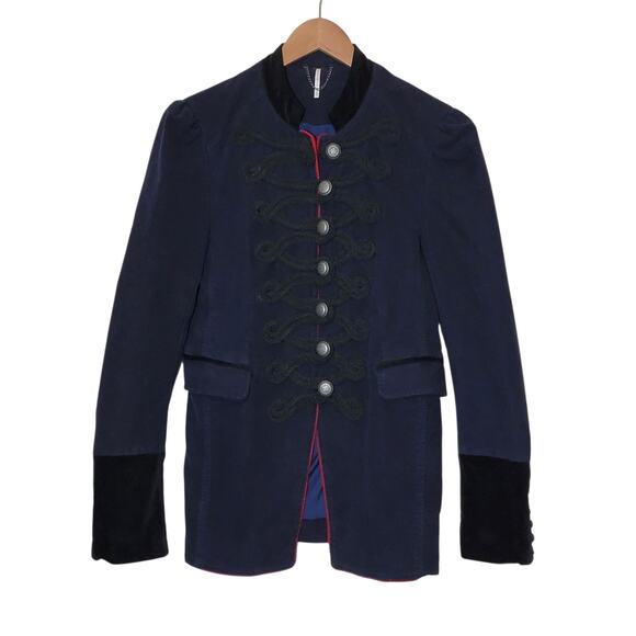 Free People Velvet Military Band Jacket Navy Blue Structured Statement Luxe S - Picture 2 of 14